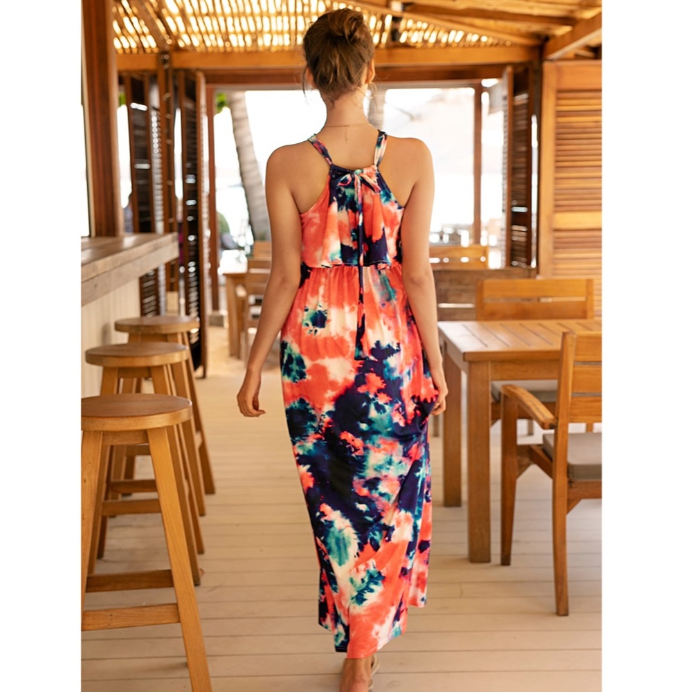 Tie Dye Halter Ruffle Top Maxi Dress Multicolor - Picture 3 of 8